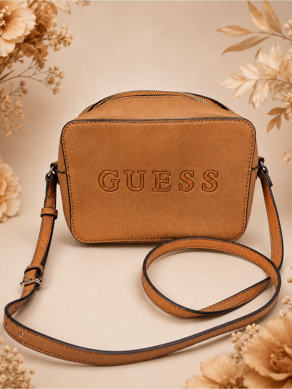 GUESS Tan Embossed Logo Crossbody Bag